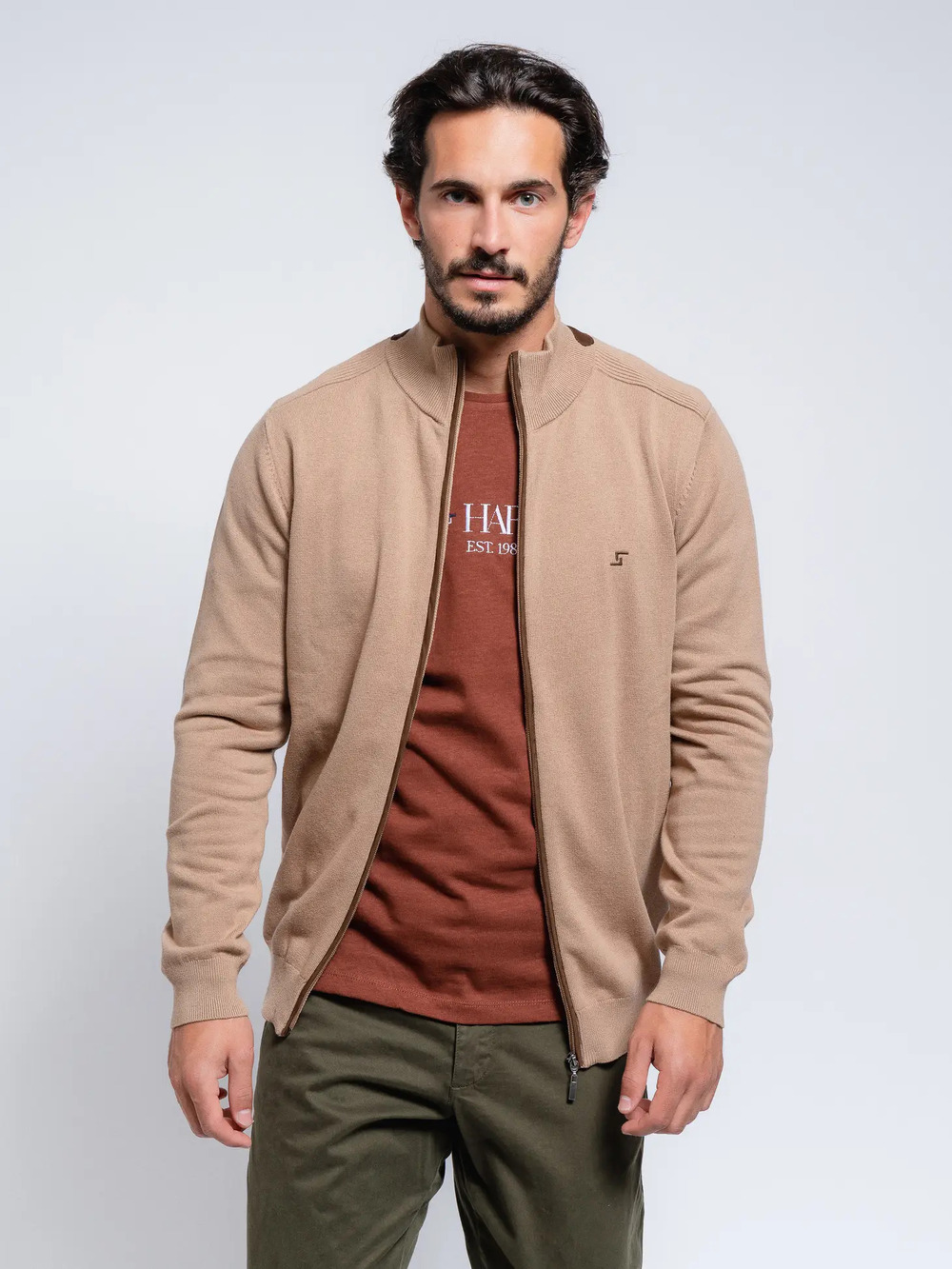 SMF Tan with Brown Contrast Knit Mockneck Full Zip Cardigan/3978